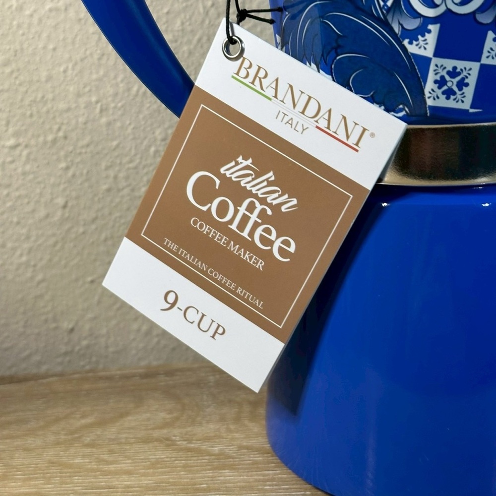 Brandani 9 Cup Italian Coffee Maker Aluminum Moka Pot Sicilian Pattern Blue - Picture 6 of 7